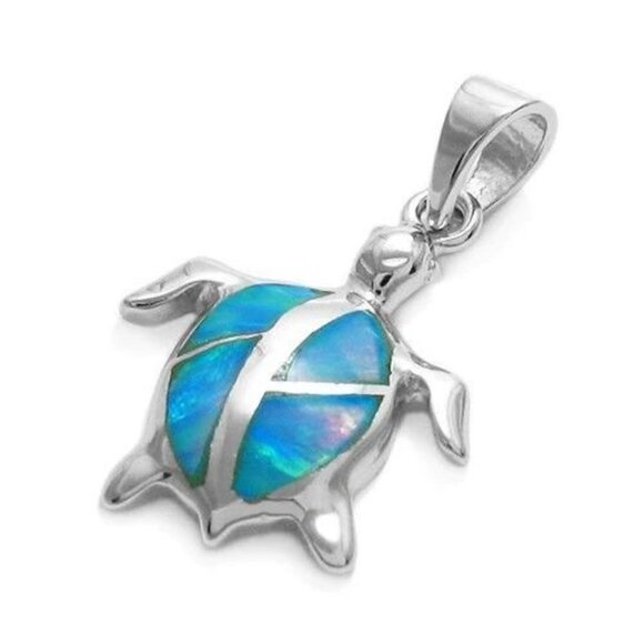 LOVELY STERLING SILVER CREATED OPAL SEA TURTLE PENDANT - Picture 1 of 2